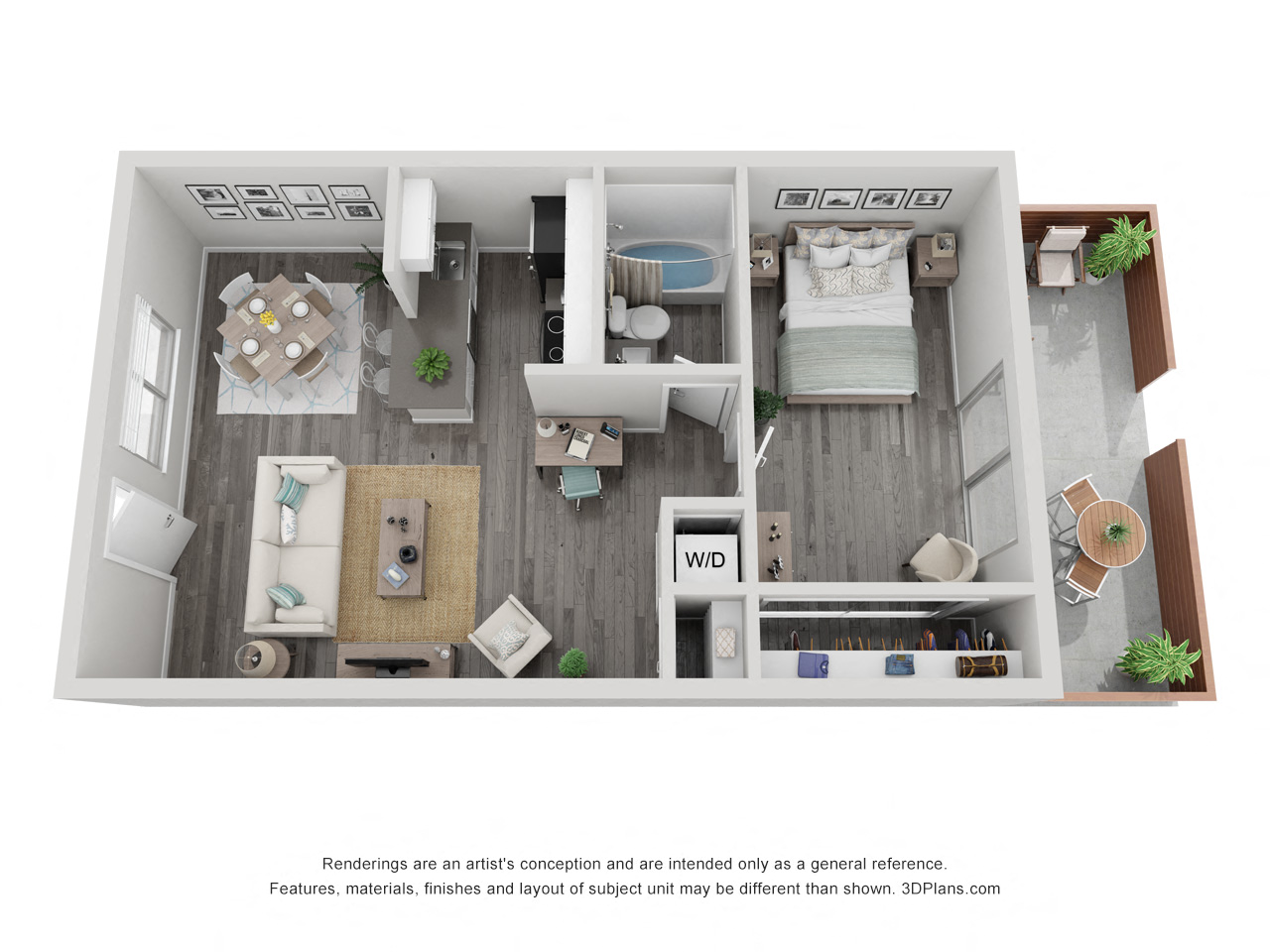 Floor plan for 1 bed, 1 bath, 544 sqft